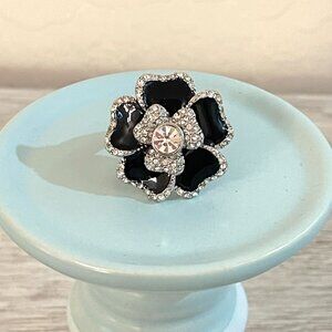 Lia Sophia Ring 7 Dahlia Flower Black Enamel Crystals Statement